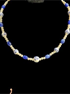 Blue and Cream Porcelain Accent Beaded Necklace by